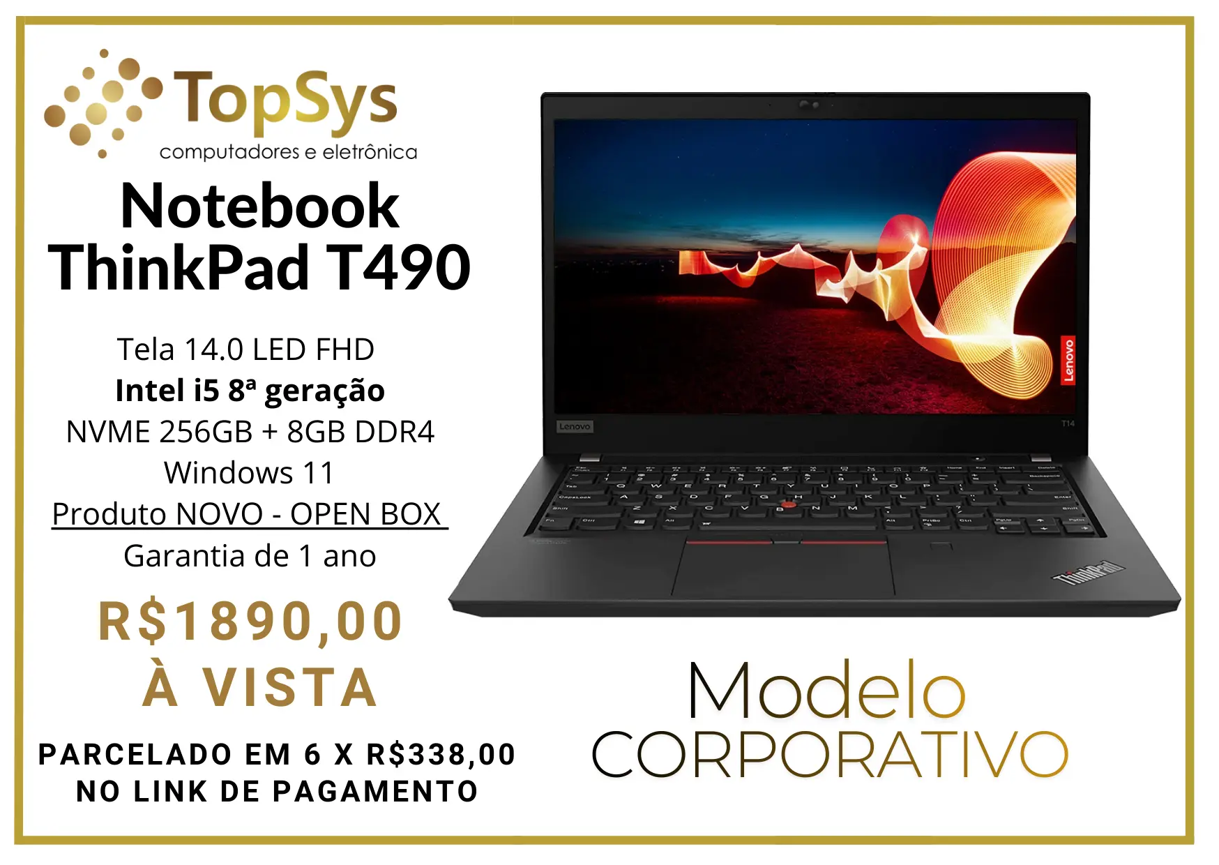 Notebook Lenovo T490 INTEL i5 8ª geração